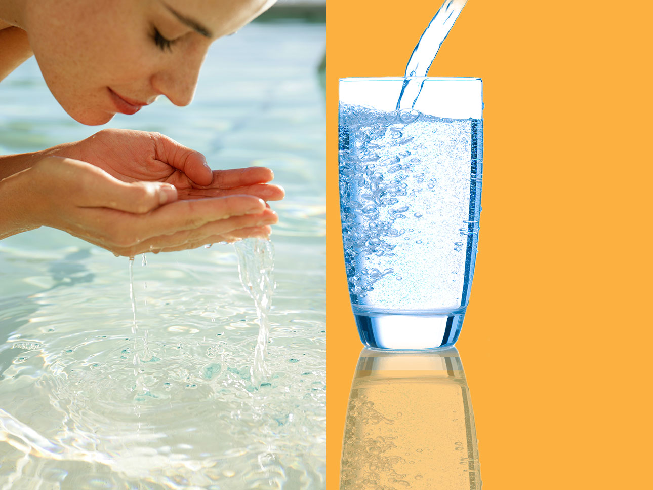 Woman looking down at handful of clear water left, clean glass of water right.